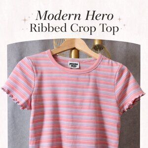 Modern Hero Striped Ribbed Crop Top NWT Women’s Size L Pink Stripe Baby Tee